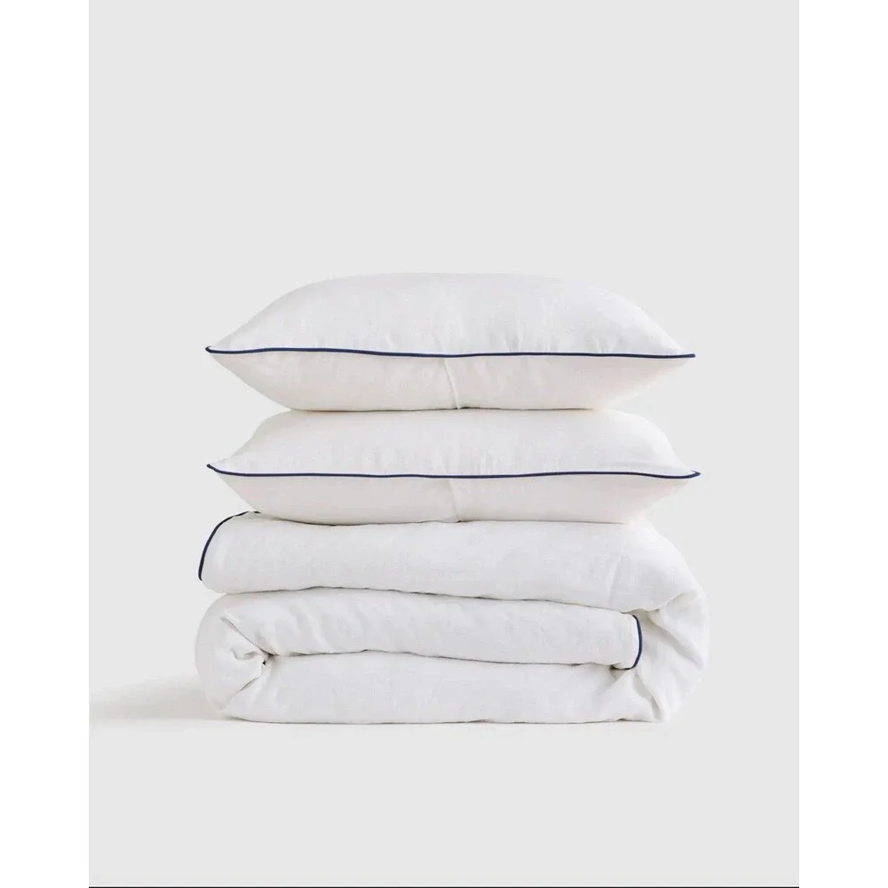 Quince European Linen Piped Duvet Cover Set Full Queen White Navy $184 Retail